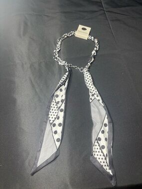 New Twilly Bag Charm Chain Scarf Necklace with Black & White Polka Dot Ties
